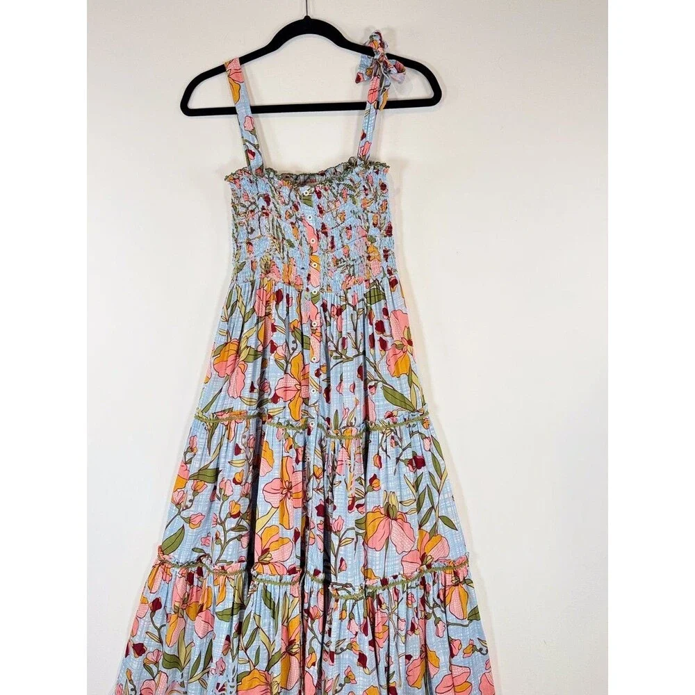 Poupette St Barth Dress Blue Midi Kleid Triny Floral Tank Tiered Smocked Boho XS